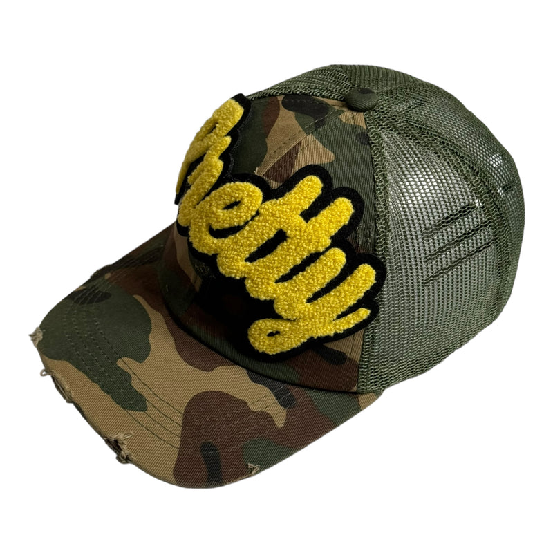 Pretty Hat, Camouflage Print Distressed Trucker Hat with Mesh Back (Yellow)