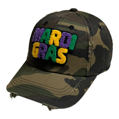 Mardi Gras Hat, Camouflage Print Distressed Dad Hat