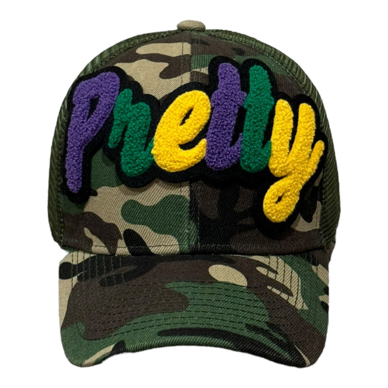 Pretty Hat, Camouflage Print Trucker Hat with Mesh Back (Gold/Green/Purple)