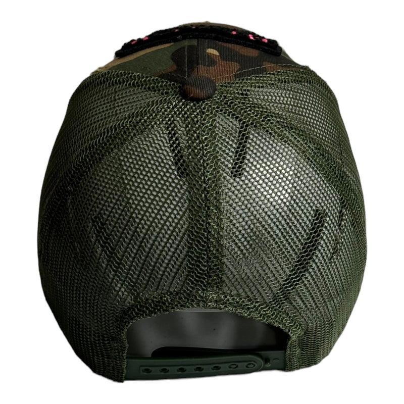 Black Girl Magic Distressed Trucker Hat With Mesh Back (Camouflage/Hot Pink)