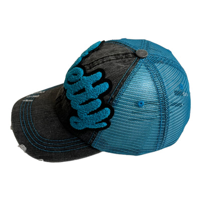 Pretty Hat, Distressed Trucker Hat with Mesh Back (Turquoise)