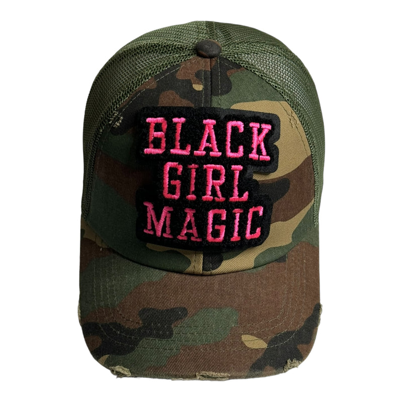 Black Girl Magic Distressed Trucker Hat With Mesh Back (Camouflage/Hot Pink)