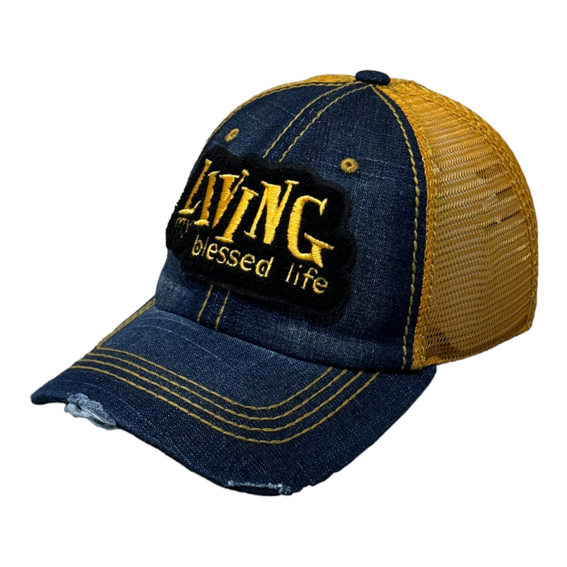 Living My Blessed Life Hat, Distressed Trucker Hat with Mesh Back
