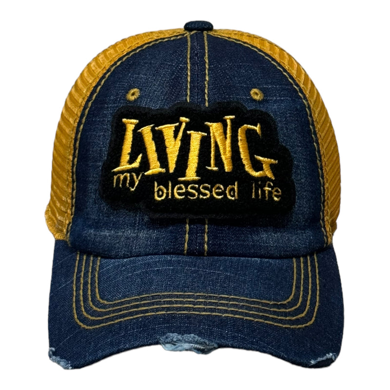 Living My Blessed Life Hat, Distressed Trucker Hat with Mesh Back