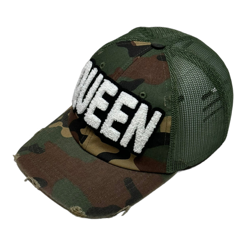 Queen Hat, Camouflage Print Distressed Trucker Hat with Mesh Back