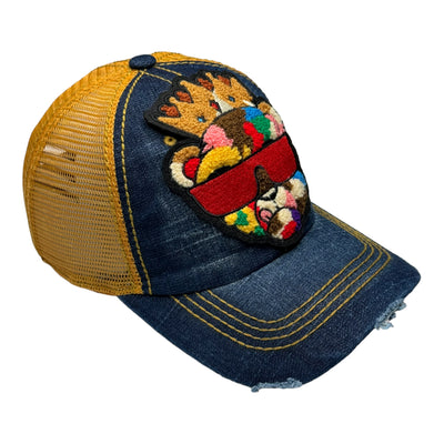 Camo Bear With Crown Distressed Trucker Hat (Gold)