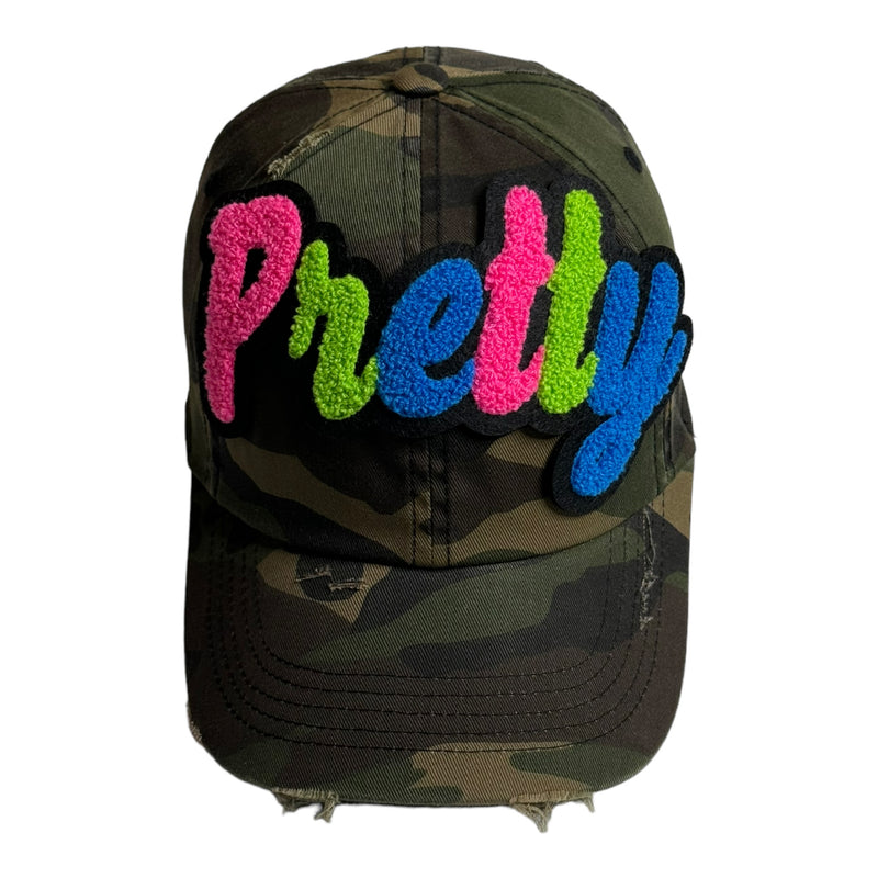 Pretty Hat, Camouflage Print Distressed Dad Hat (Neon)