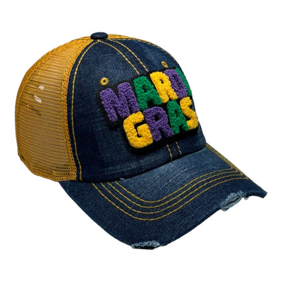 Mardi Gras Hat, Distressed Trucker Hat with Mesh Back