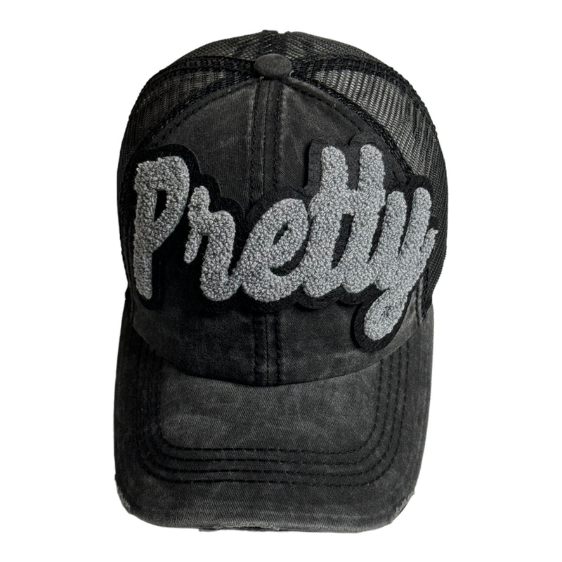 Pretty Hat, Distressed Trucker Hat with Mesh Back (Gray)