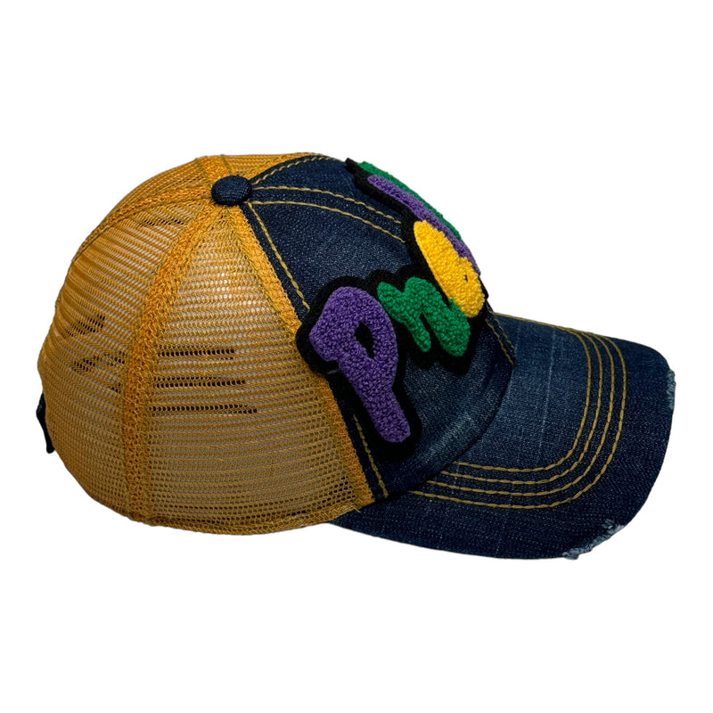 Pretty Hat, Distressed Trucker Hat with Mesh Back (Mardi Gras Combo)