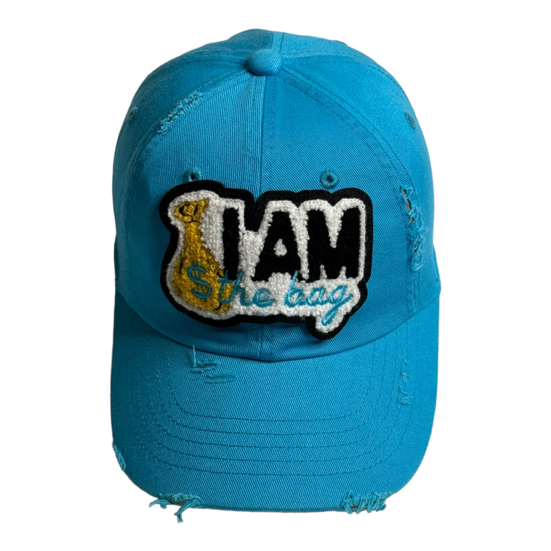 Customized I AM The Bag Hat, Distressed Dad Hat (Aqua Blue)