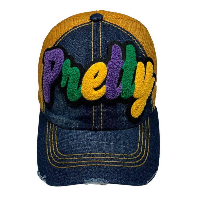 Pretty Hat, Distressed Trucker Hat with Mesh Back (Mardi Gras Combo)