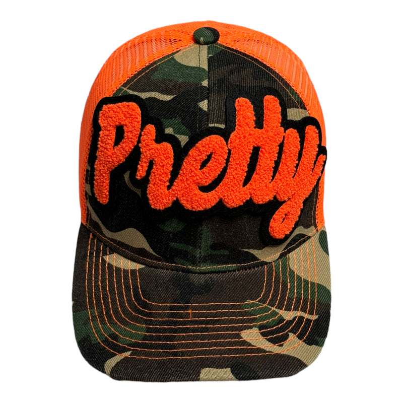 Pretty Hat, Camouflage Print Trucker Hat with Mesh Back (Safety Orange)