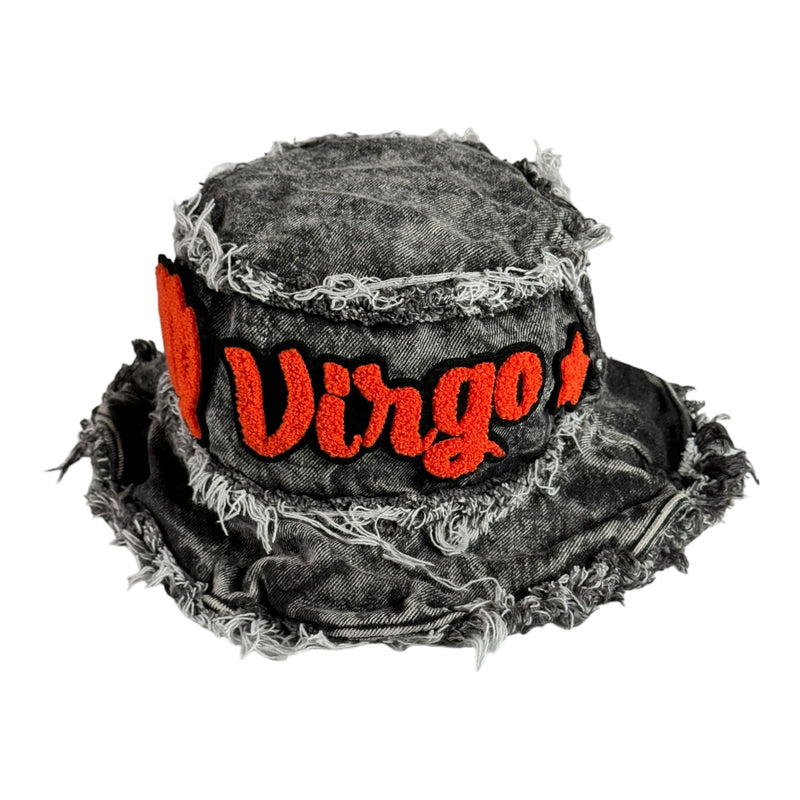 Distressed Denim Virgo Bucket Hat (Acid Wash Black/Orange)