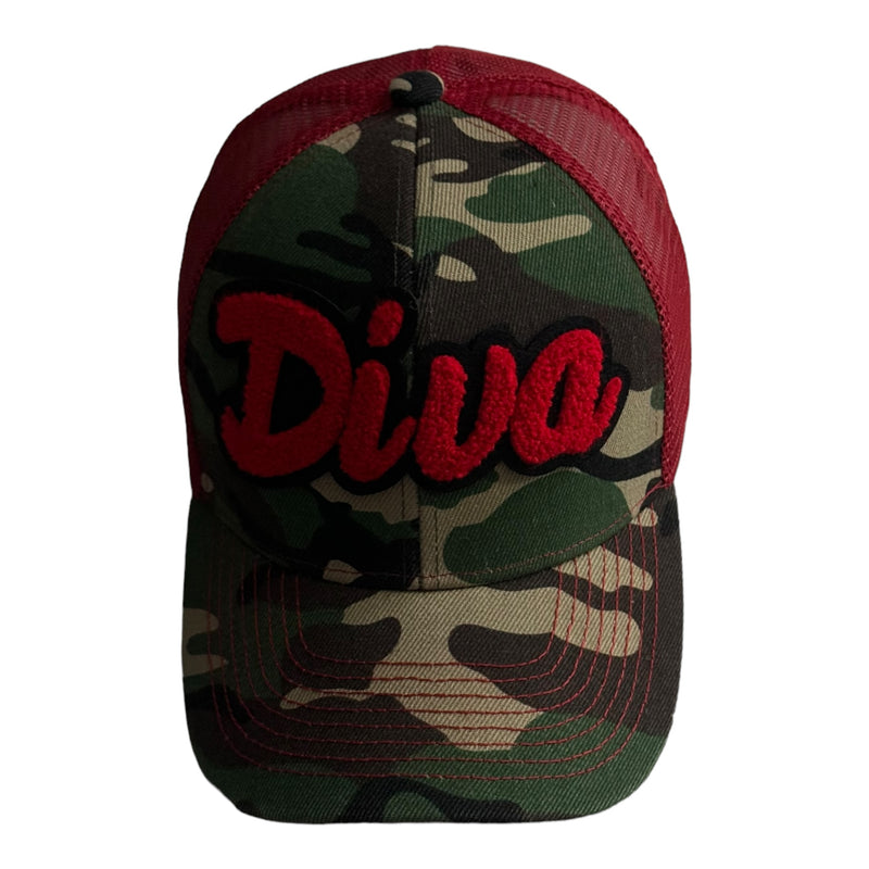 Diva Hat, Camouflage Print Trucker Hat with Red Mesh Back