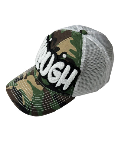 Enough Hat, Camouflage Print Trucker Hat with White Mesh Back