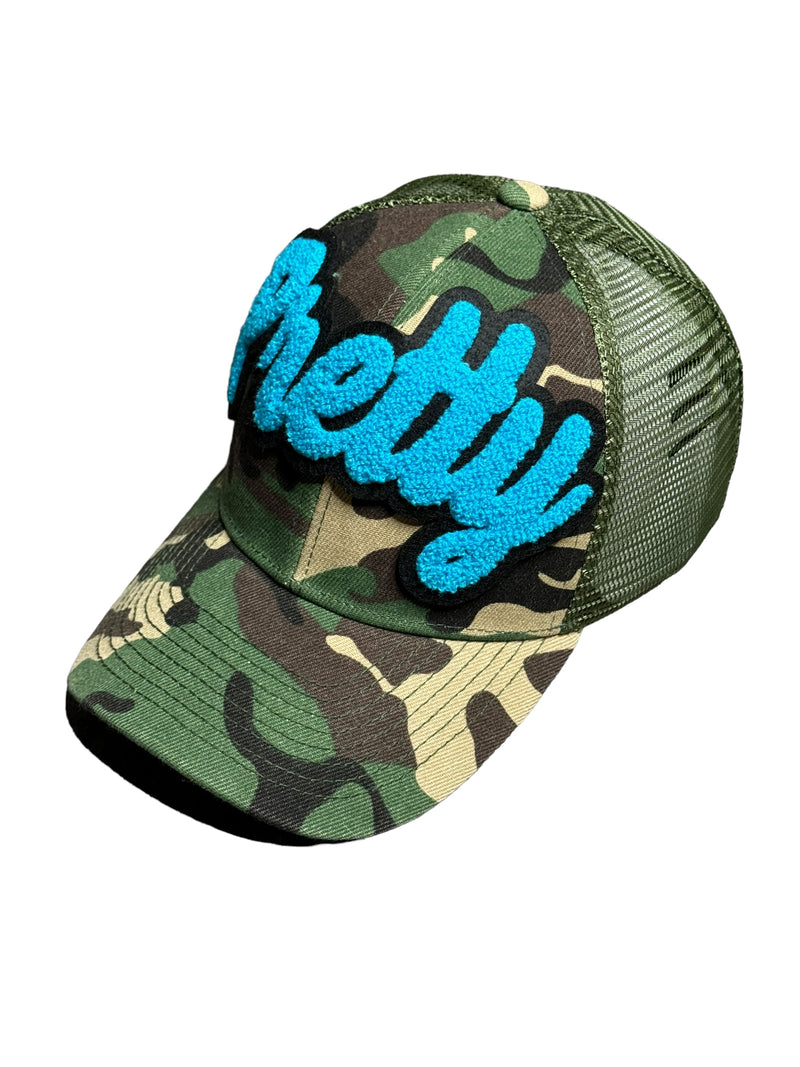Pretty Hat, Camouflage Print Trucker Hat with Mesh Back (Turquoise)