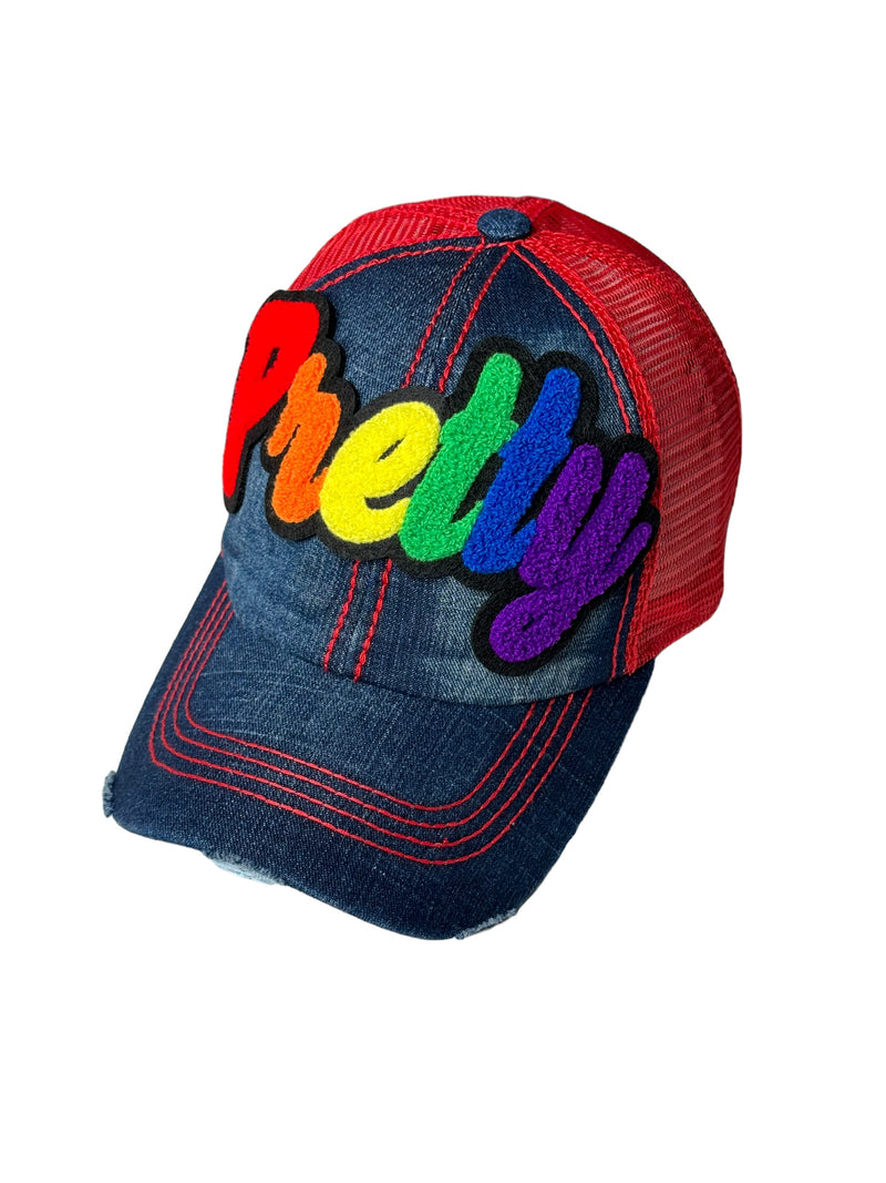 Pretty Hat, Distressed Trucker Hat with Red Mesh Back (Rainbow)