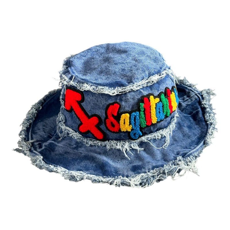 Distressed Denim Sagittarius Bucket Hat (Acid Wash Blue)