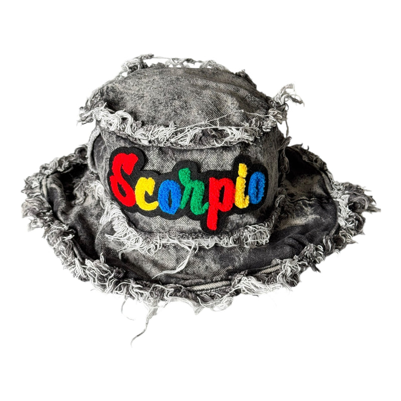 Distressed Denim Scorpio Bucket Hat (Acid Wash Black/Multi)