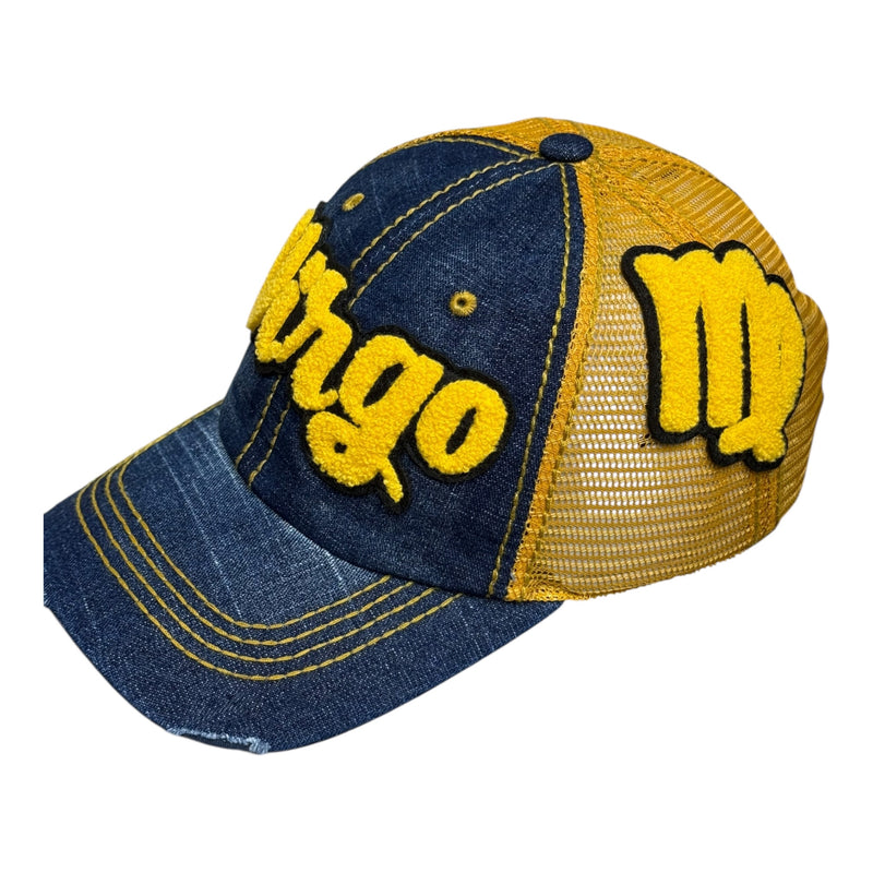 Remixed Virgo Distressed Denim Trucker Hat for Stylish Wear Gold