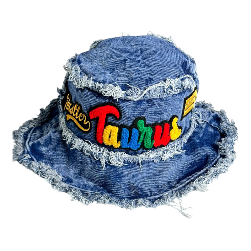 Distressed Denim Taurus Bucket Hat (Acid Wash Blue)