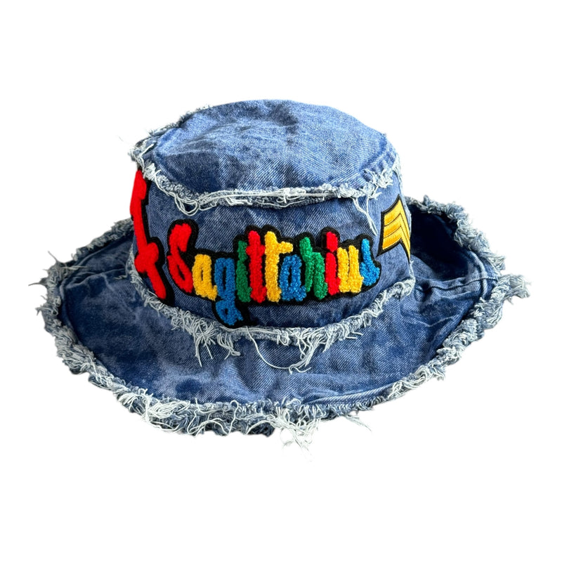 Distressed Denim Sagittarius Bucket Hat (Acid Wash Blue)