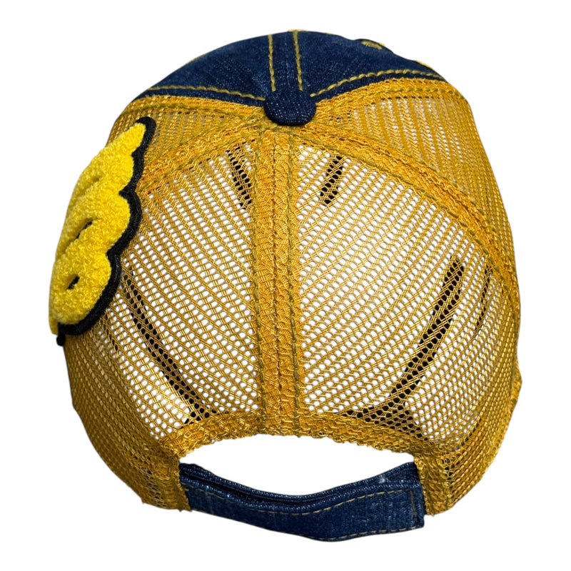 Remixed Virgo Distressed Denim Trucker Hat for Stylish Wear Gold