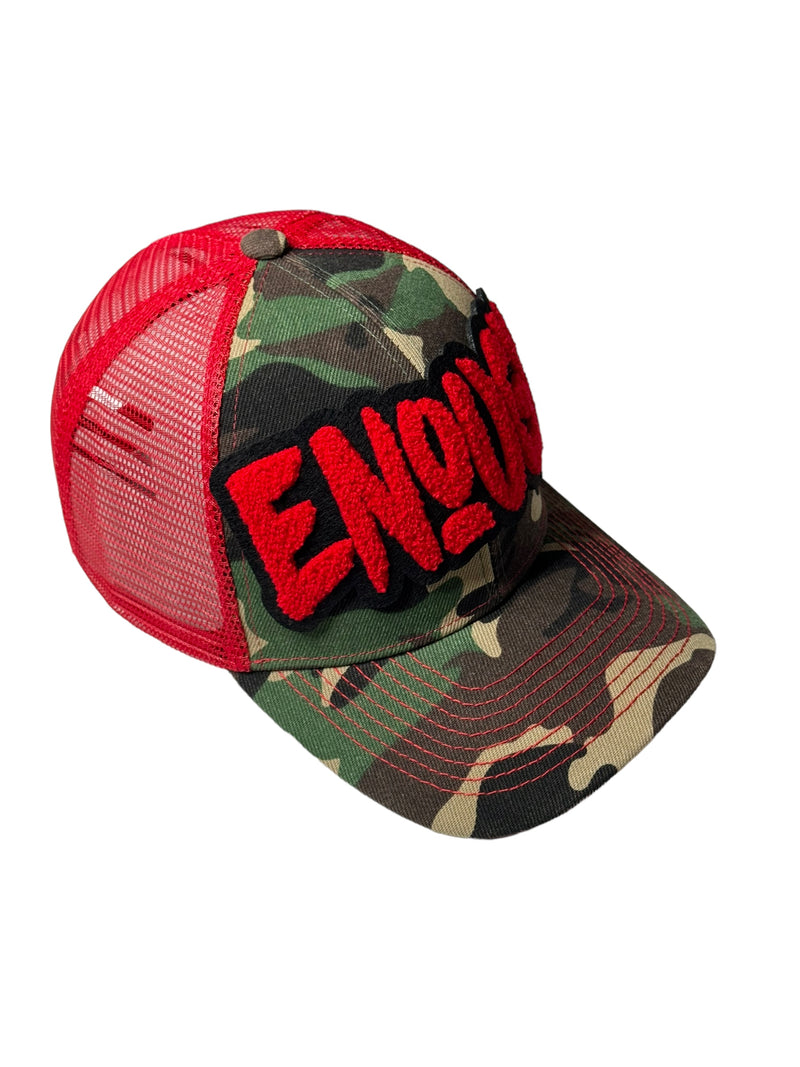 Enough Hat, Camouflage Print Trucker Hat with Red Mesh Back