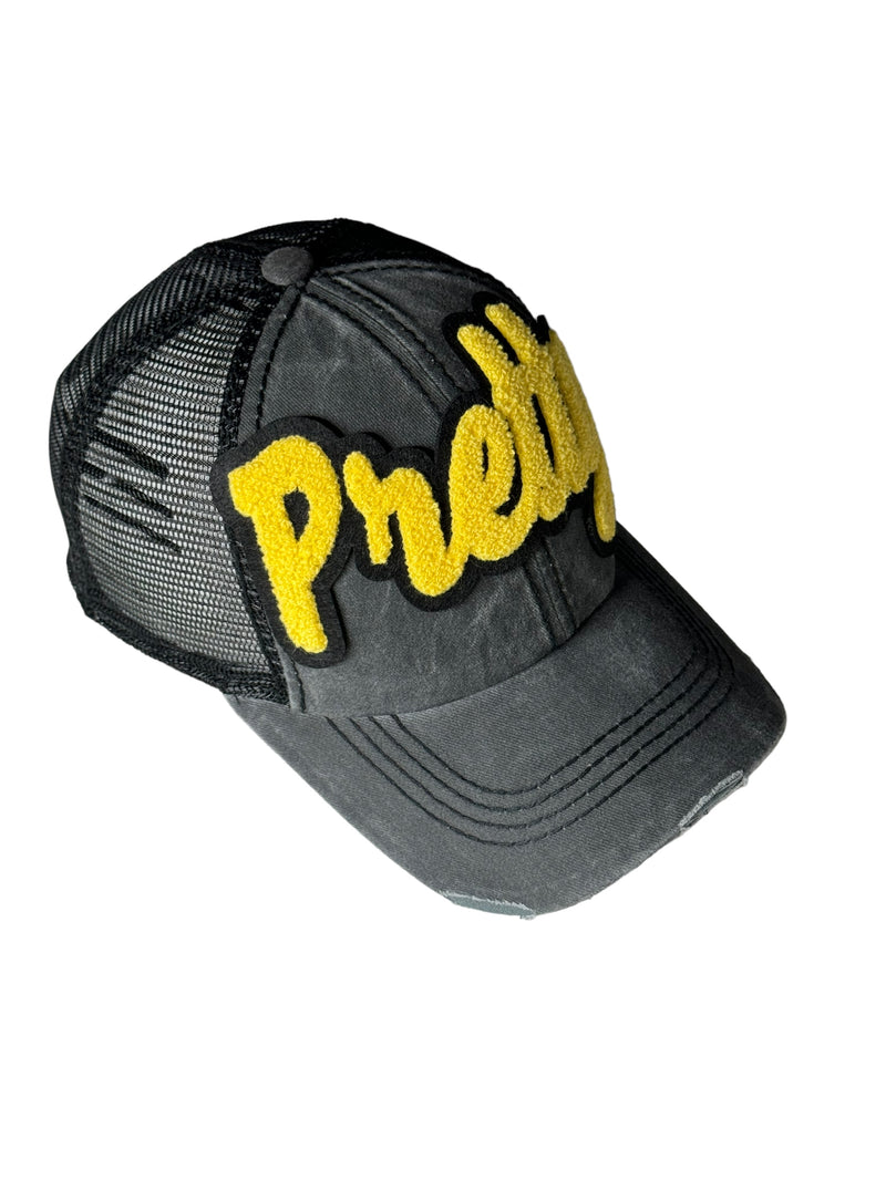 Pretty Distressed Trucker Hat with Mesh Back (Yellow)