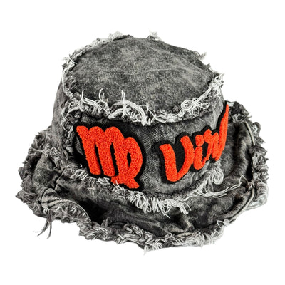 Distressed Denim Virgo Bucket Hat (Acid Wash Black/Orange)