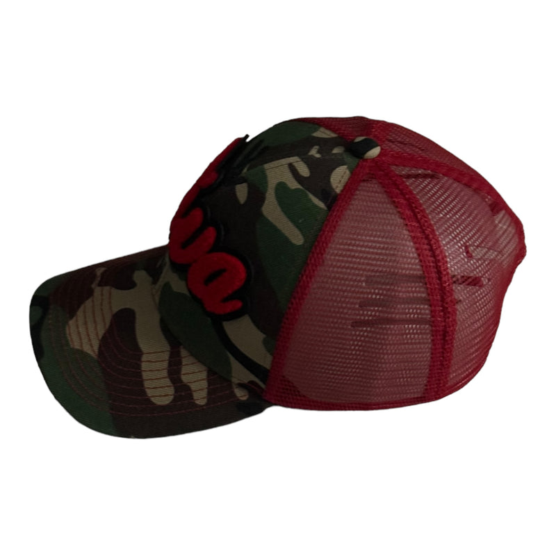Diva Hat, Camouflage Print Trucker Hat with Red Mesh Back