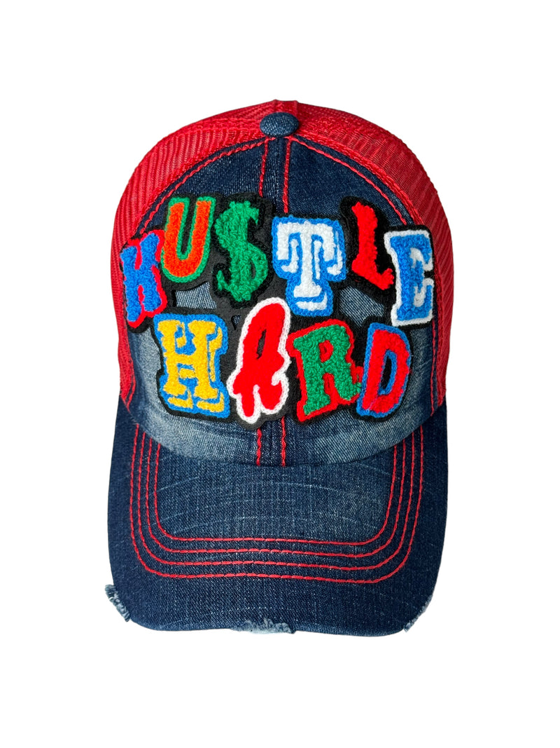 Hustle Hard Distressed Trucker Hat With Red Mesh Back
