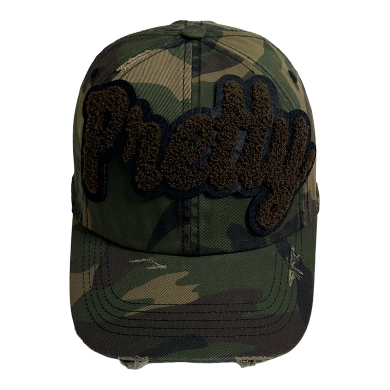 Pretty Hat, Camouflage Print Distressed Dad Hat (Brown)