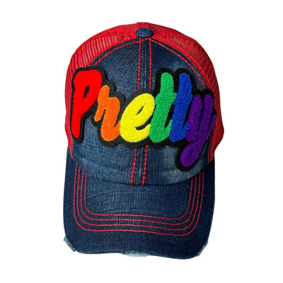 Pretty Hat, Distressed Trucker Hat with Red Mesh Back (Rainbow) Reanna’s Closet 2