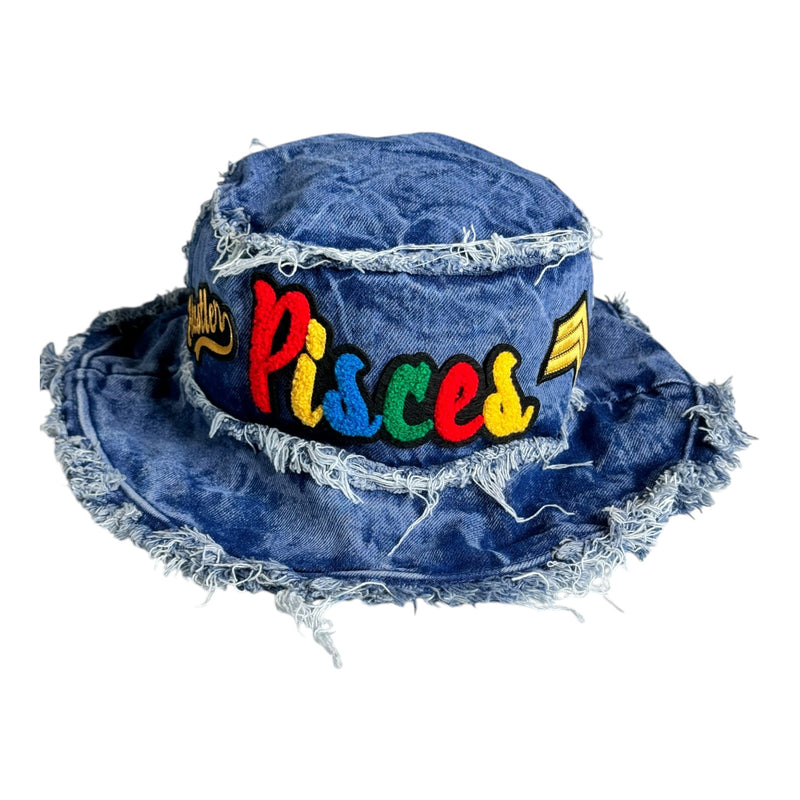 Distressed Denim Pisces Bucket Hat (Acid Wash Blue)