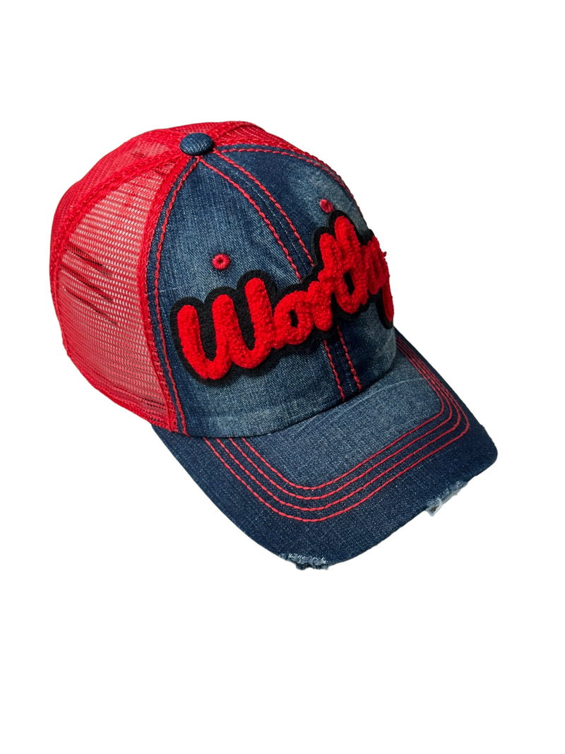 Worthy Hat, Distressed Trucker Hat with Red Mesh Back