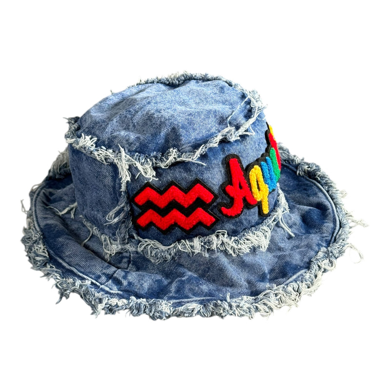 Distressed Denim Aquarius Bucket Hat (Acid Wash Blue)