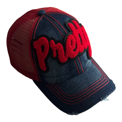 Pretty Hat, Distressed Trucker Hat with Red Mesh Back