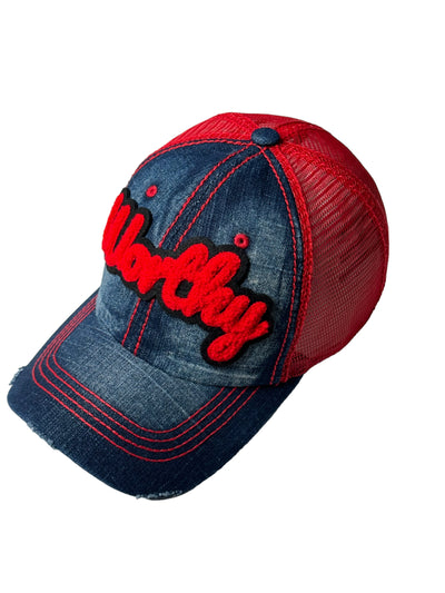 Worthy Hat, Distressed Trucker Hat with Red Mesh Back