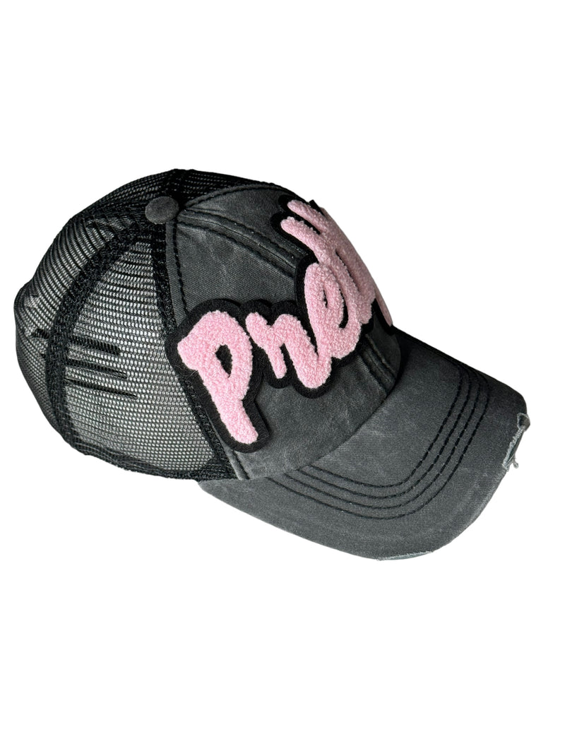 Pretty Distressed Trucker Hat with Mesh Back (Light Pink)