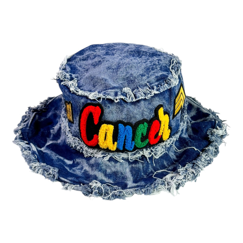 Distressed Denim Cancer Bucket Hat (Acid Wash Blue)