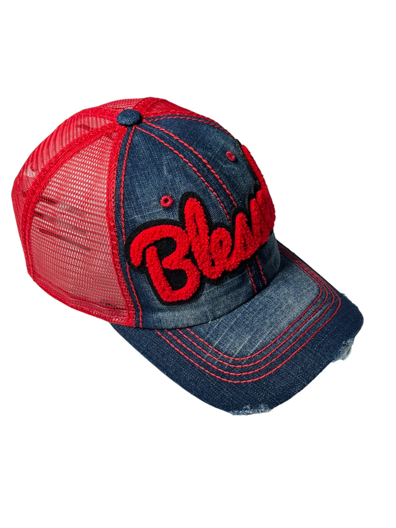 Blessed Hat, Distressed Trucker Hat with Red Mesh Back
