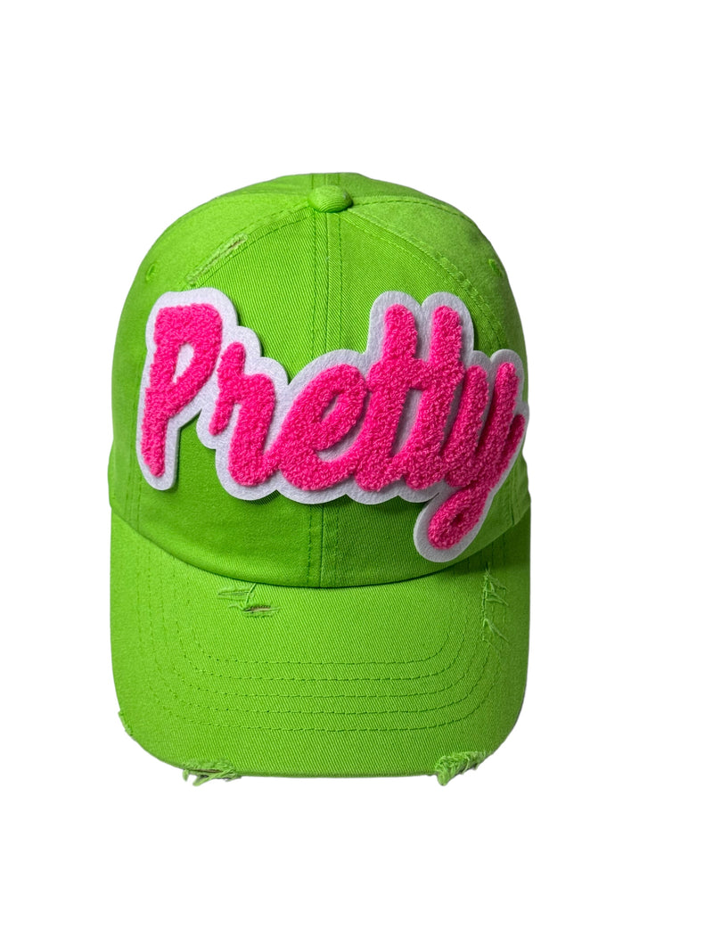 Customized Pretty Distressed Dat Hat (Lime/ Hot Pink)