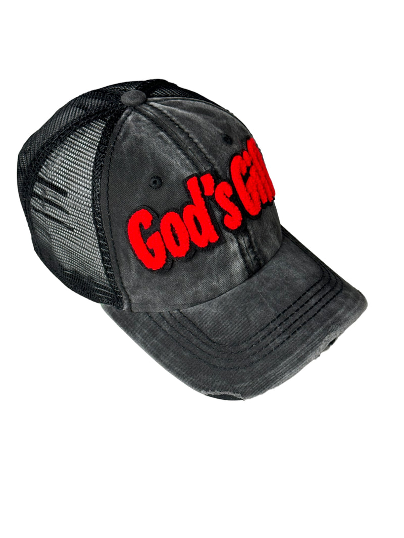 God’s Gift Distressed Trucker Hat (Red)