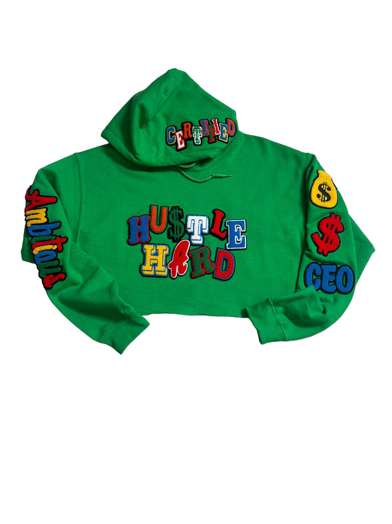 Customized Cropped Hustle Hard Patched Hoodie, Please Allow 2 Weeks for Processing