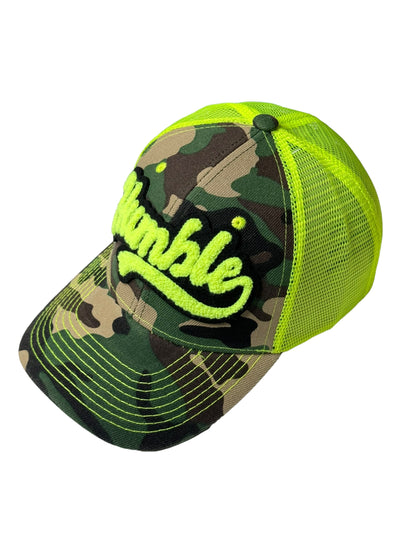 Humble Hat, Camouflage Print Trucker Hat with Mesh Back (Neon Yellow)