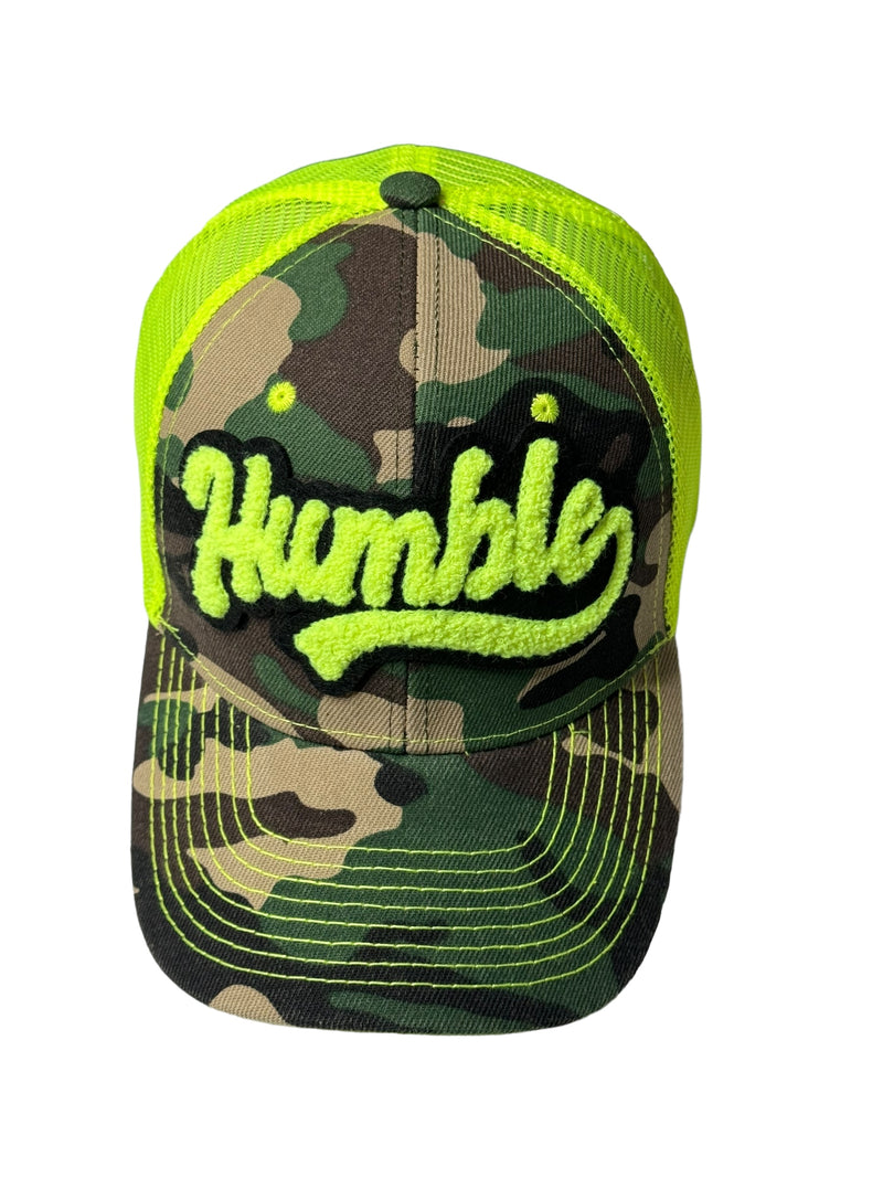 Humble Hat, Camouflage Print Trucker Hat with Mesh Back (Neon Yellow)