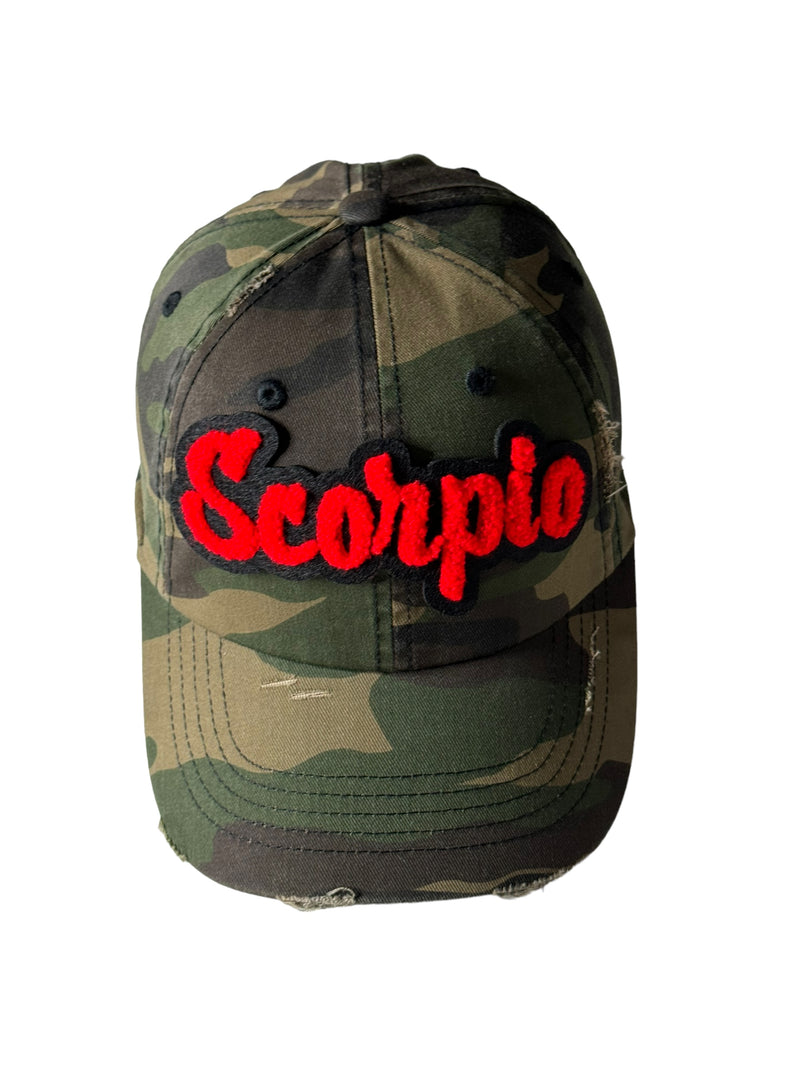 Scorpio Hat, Camouflage Print Distressed Dad Hat (Red)