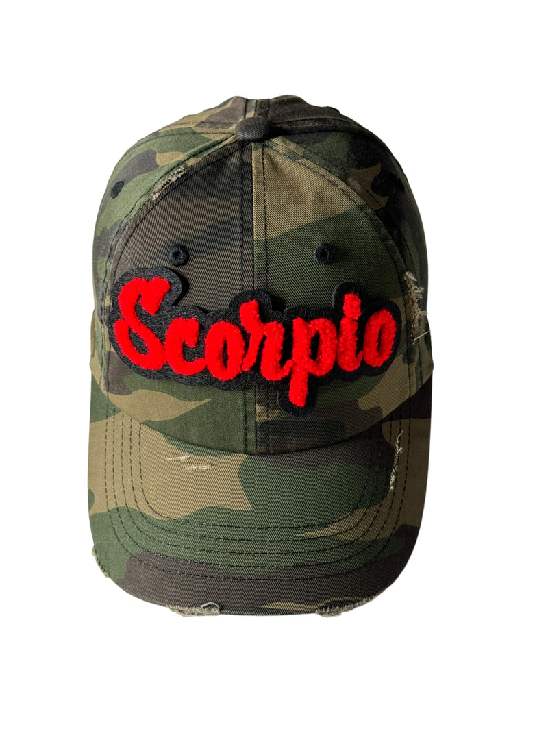Scorpio Hat, Camouflage Print Distressed Dad Hat (Red)